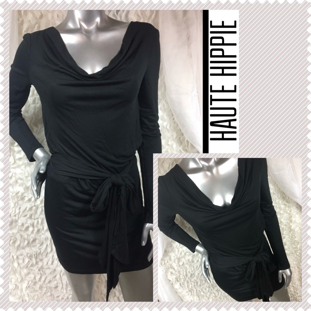 ⭐️HAUTE HIPPIE | Open Back Black Mini Long Sleeve Tunic Dress Stretchy Draped